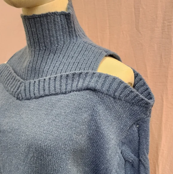 Cold Shoulder Turtleneck Long Sleeve Loose Ribbed Knit Pullover Sweater-(Large) - Picture 6 of 9